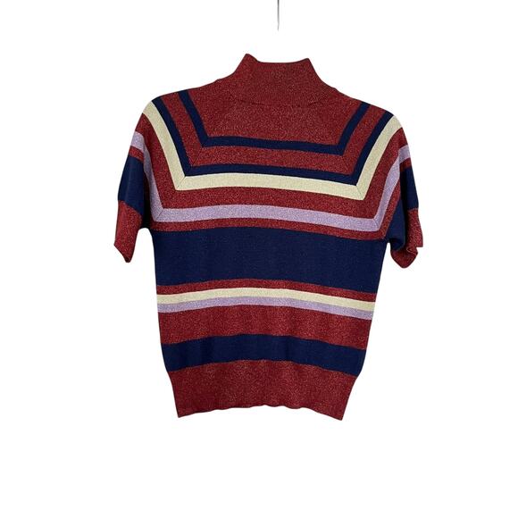 Zara Red Navy Striped Metallic Knit High Mock Neck Short Sleeve Sweater Size S - Picture 6 of 8